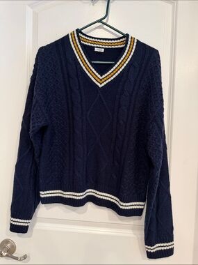 Garage Navy Cable Knit V-Neck Sweater with White and Gold Trim